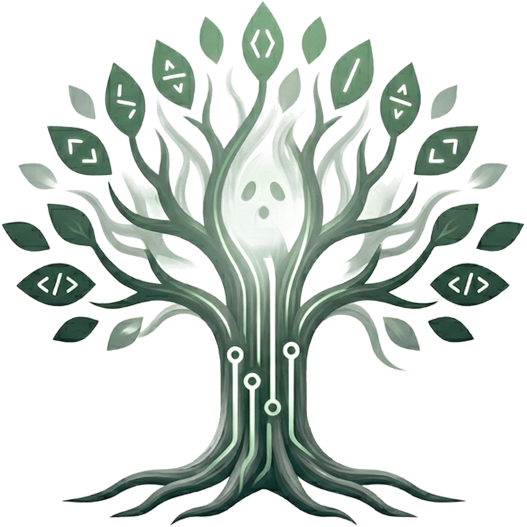 Ghostwood Software — a tree with circuit roots and a ghost in its branches