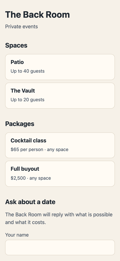 A venue's Buyout booking page listing spaces, packages, and the inquiry form