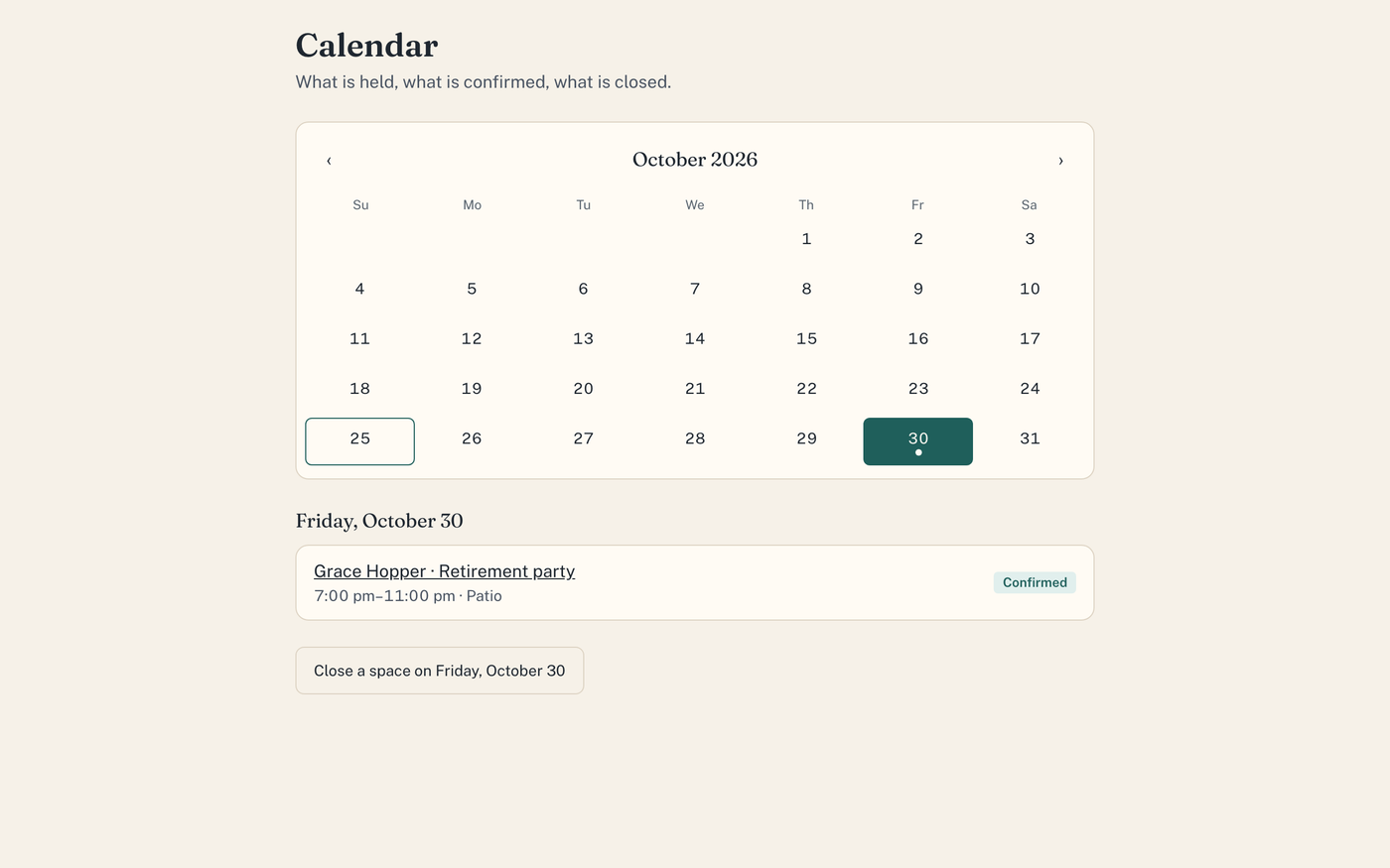 The Buyout calendar for October with a confirmed retirement party on the 30th