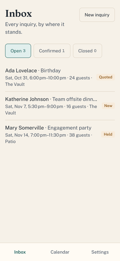 The Buyout inbox with open private-event inquiries