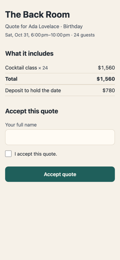 A guest's quote page with the total, the deposit, and an accept form