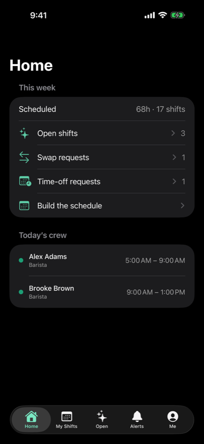 Daypart home screen showing this week's shifts