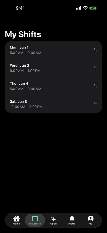 Daypart My Shifts screen