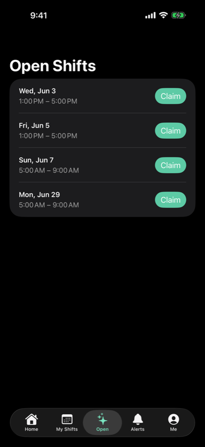 Daypart open shifts screen