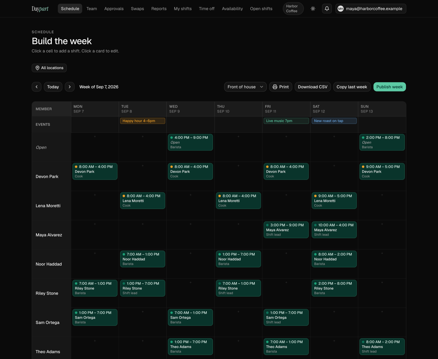 Daypart web dashboard showing a week schedule grid