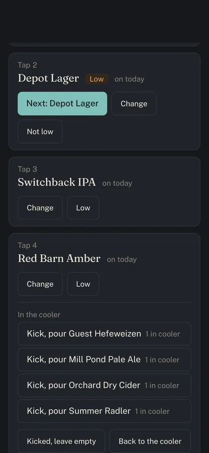 Kegboard on a phone: changing tap 4, with every keg waiting in the cooler listed below it