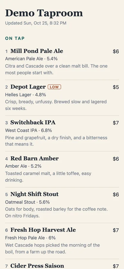 The guest menu for an example taproom on a phone, with each beer's style, ABV, description and price