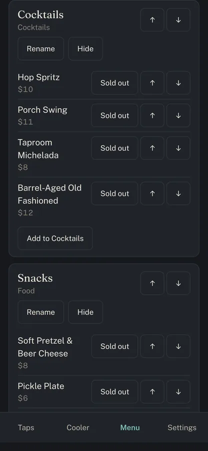 Kegboard Menu screen: cocktails with prices and a Sold out button on each