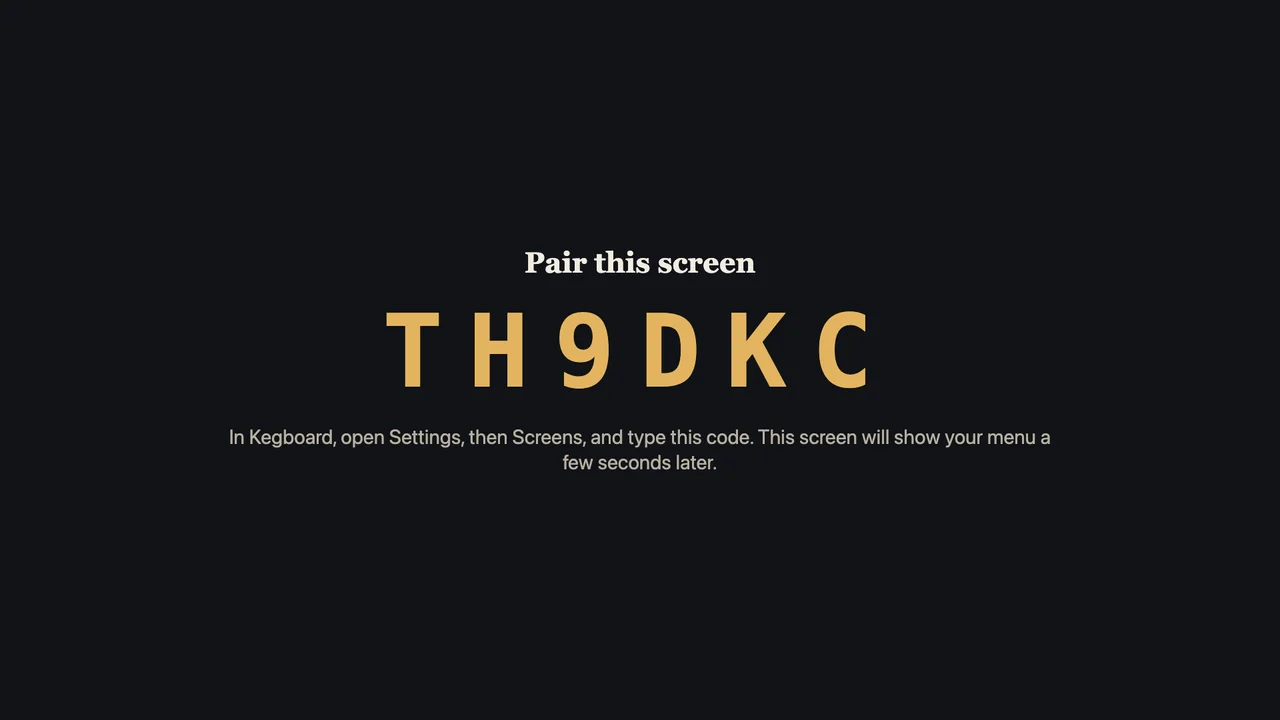 The Kegboard pair page on a TV, showing a six-character code to type into the phone