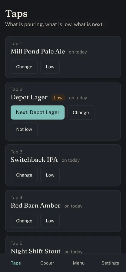Kegboard Taps screen showing what each tap pours